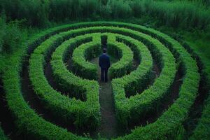 Businessman standing in center of circular hedge maze photo