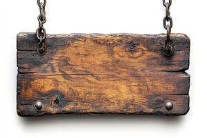 Old empty wooden sign hanging on chains isolated on white background photo