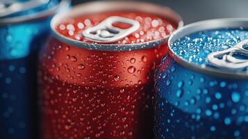 Refreshing cold soda cans covered with condensation photo