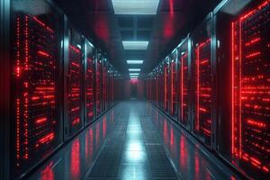 Server room data center with red lights blinking is processing information photo