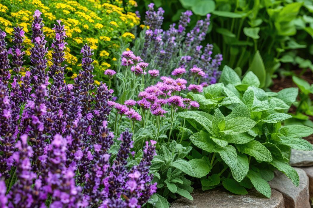 Diverse herb garden with blooming lavender, sage, and mint