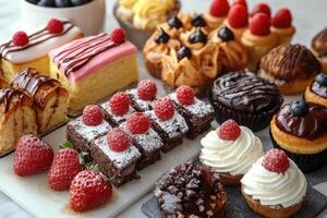 Delicious pastries being displayed on table for dessert photo