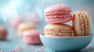 Delicious french macarons resting in a bowl on a table photo