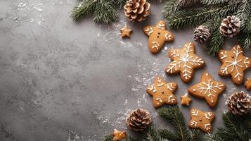 Christmas gingerbread cookies decorated with icing on grey background with fir branches photo