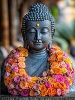 Serene buddha statue adorned with vibrant flower garland photo