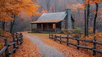 Log cabin surrounded by colorful autumn foliage with pathway leading through forest photo