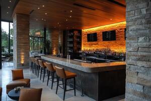 Modern and empty bar with orange lights shining at night photo
