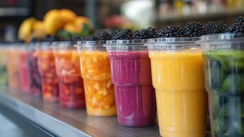 Display fridge filled with colorful smoothies topped with fruits and vegetables photo