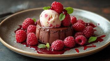 Chocolate lava cake dessert with scoop of raspberry ice cream and fresh raspberries photo