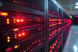 Server rack blinking in data center with colorful lights photo