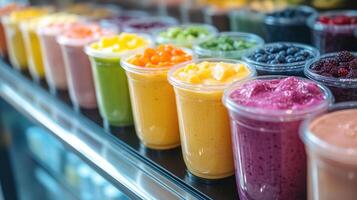 Display fridge filled with colorful smoothies topped with fruits and vegetables photo