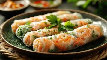 Delicious vietnamese shrimp spring rolls served with dipping sauce on rustic wooden table photo