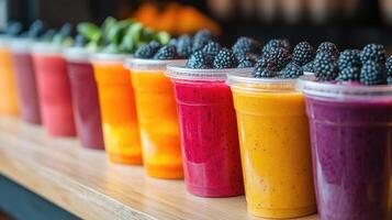 Display fridge filled with colorful smoothies topped with fruits and vegetables photo