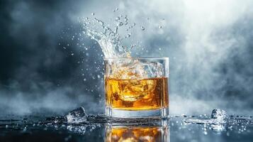 Whiskey splashing in tumbler with ice cubes on dark background photo