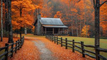 Log cabin surrounded by colorful autumn foliage with pathway leading through forest photo