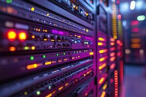 Server rack blinking in data center with colorful lights photo