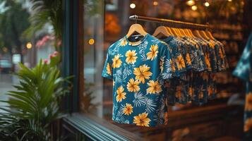 Floral print shirts are displayed on hangers in a shop window photo