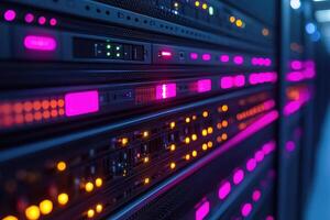 Server rack blinking in data center with colorful lights photo