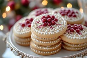 Christmas linzer cookies decorated with royal icing and red berries on a plate photo