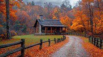Iniciar sesión cabina rodeado por vistoso otoño follaje con ruta líder mediante bosque foto