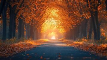 Sun shining through canopy of trees creating tunnel of autumn colors photo