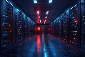 Server room data center with red lights blinking is processing information photo