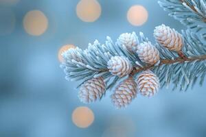Frozen pine tree branch with cones is covered with frost in winter with bokeh lights photo