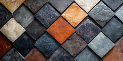 Collection of different types of natural stone tiles showing various textures and colors photo