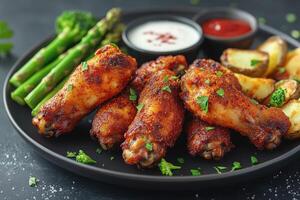 Delicious crispy chicken wings served with potato wedges and broccoli photo