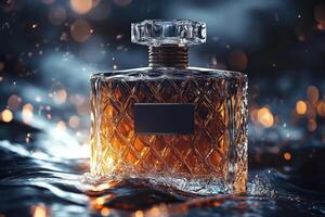 Elegant perfume bottle emerging from water with golden bokeh lights photo