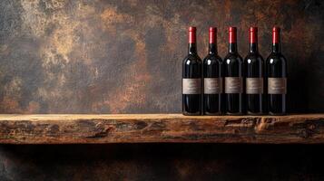Wine bottles resting on wooden shelf in cellar photo