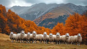Flock of sheep standing in line on hillside with autumn foliage photo
