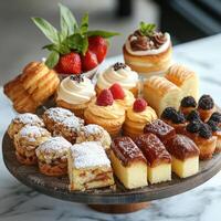Plate of assorted cakes and pastries being decorated with powdered sugar photo