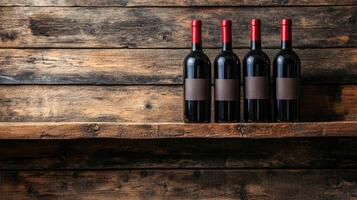 Wine bottles resting on a rustic wooden shelf are displaying blank labels photo