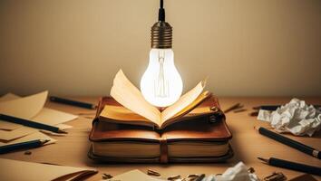 Glowing light bulb floating above open notebook symbolizing ideas and creativity photo