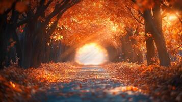 Sun shining through canopy of trees creating tunnel of autumn colors photo