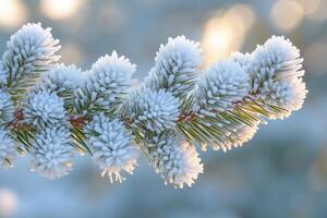 Frozen pine tree branch covered in snow and ice crystals on a cold winter day photo