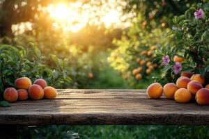 Sun shining through trees onto apricots resting on wooden table photo