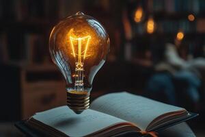 Bright lightbulb shining on open notebook with handwritten notes photo