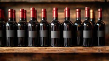 Wine bottles with blank labels resting on a wooden shelf photo