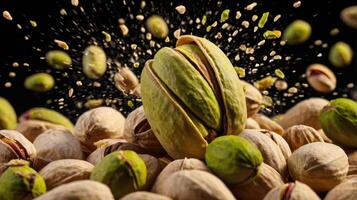 Pistachio nuts exploding on a pile of pistachios with shell pieces flying photo