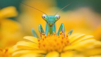 Praying mantis posing on a yellow flower with blurred background photo