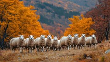 Flock of sheep standing in line on hillside with autumn foliage photo