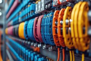 Electrical cabinet showing colorful terminal blocks with connected wires photo