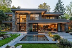 Luxurious modern home overlooking tranquil water feature and lush green garden photo