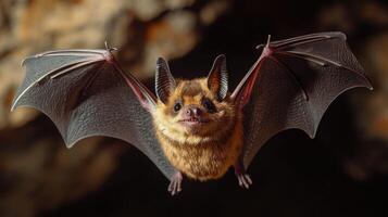 Small brown bat hanging upside down with open wings photo