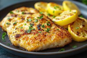 Delicious grilled white fish fillet being served with lemon slices and parsley photo