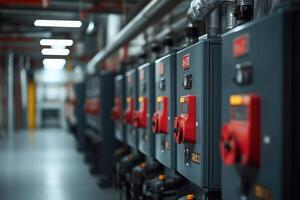 Control panels with red emergency stop buttons are monitoring industrial process photo