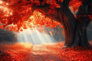 Sunlight shining through canopy of red maple trees on autumn path photo