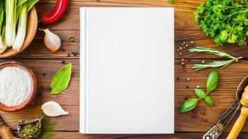 Blank cookbook on a wooden table with cooking ingredients and utensils. photo